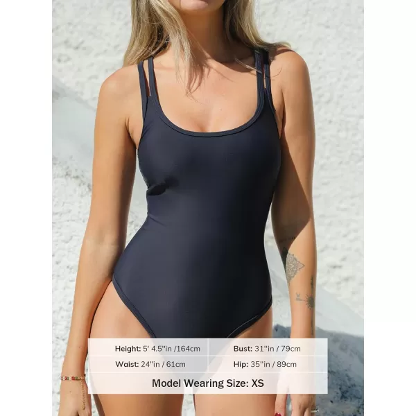 imageCUPSHE Womens One Piece Swimsuit Scoop Neck Double Spaghetti Straps Cutout Bathing SuitDark Grey Blue