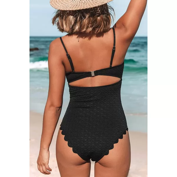 imageCUPSHE Womens One Piece Swimsuit Sexy Black Cutout Scallop Trim Bathing SuitBlack
