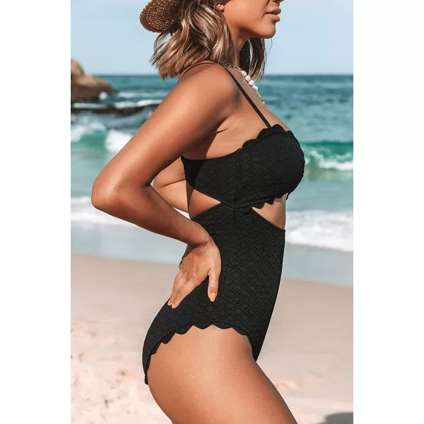 imageCUPSHE Womens One Piece Swimsuit Sexy Black Cutout Scallop Trim Bathing SuitBlack