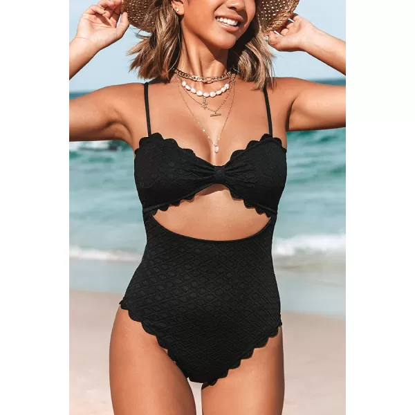 imageCUPSHE Womens One Piece Swimsuit Sexy Black Cutout Scallop Trim Bathing SuitBlack