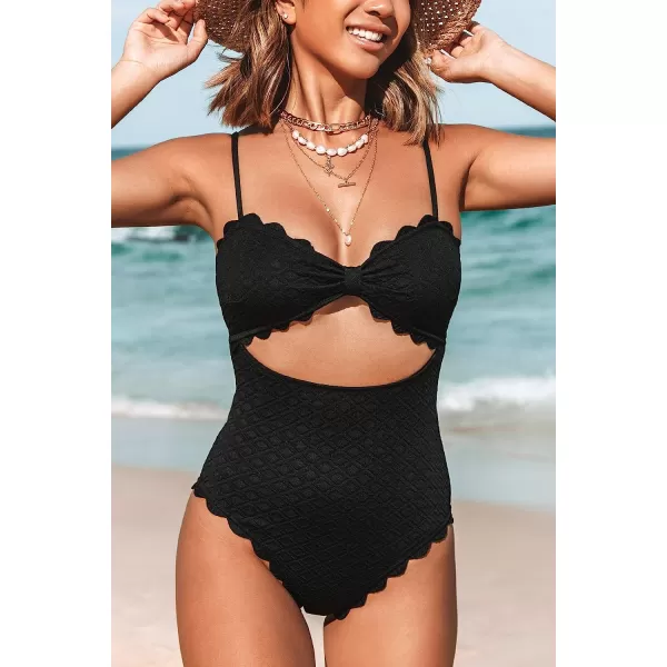 imageCUPSHE Womens One Piece Swimsuit Sexy Black Cutout Scallop Trim Bathing SuitBlack