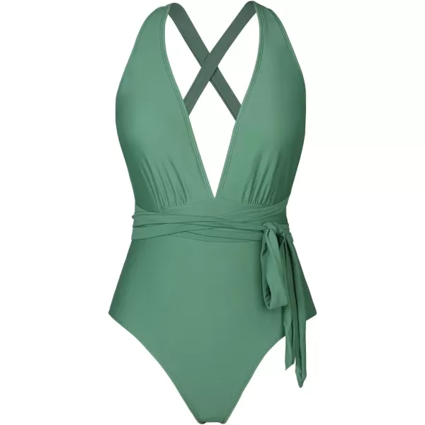imageCUPSHE Womens One Piece Swimsuit Sexy Deep V Neck Bathing Suit Crisscross Back Self TieBasil Green