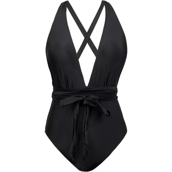imageCUPSHE Womens One Piece Swimsuit Sexy Deep V Neck Bathing Suit Crisscross Back Self TieBlack