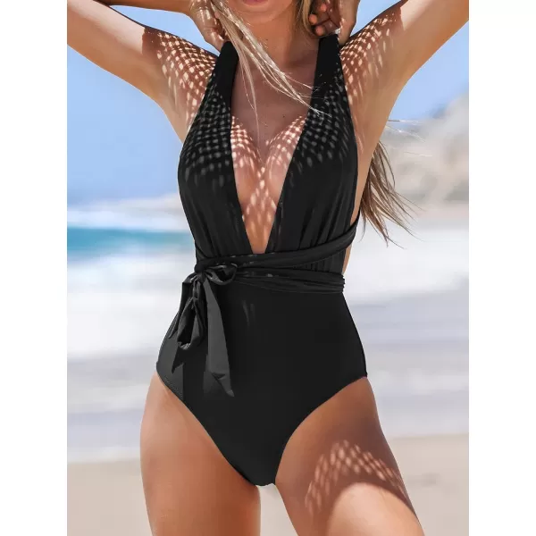 imageCUPSHE Womens One Piece Swimsuit Sexy Deep V Neck Bathing Suit Crisscross Back Self TieBlack