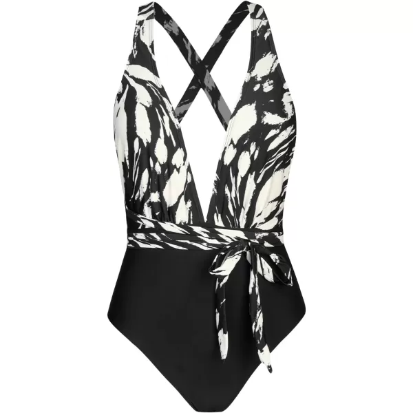 imageCUPSHE Womens One Piece Swimsuit Sexy Deep V Neck Bathing Suit Crisscross Back Self TieBlackWhite