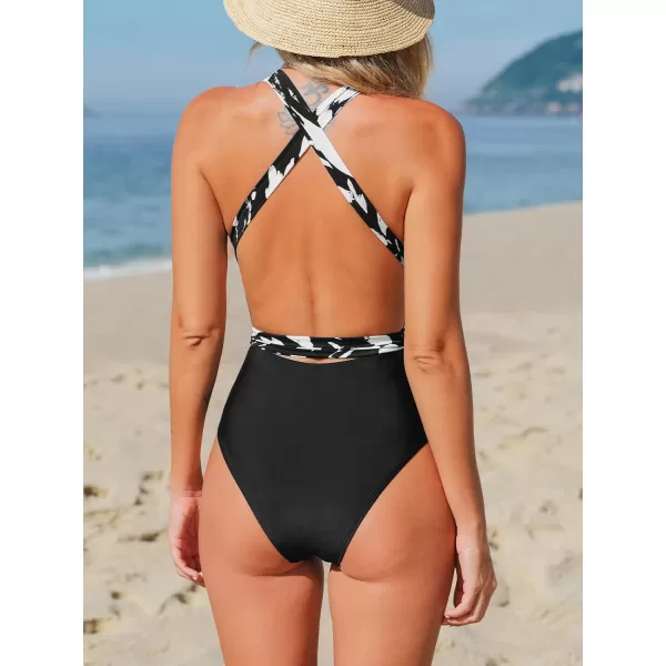 imageCUPSHE Womens One Piece Swimsuit Sexy Deep V Neck Bathing Suit Crisscross Back Self TieBlackWhite