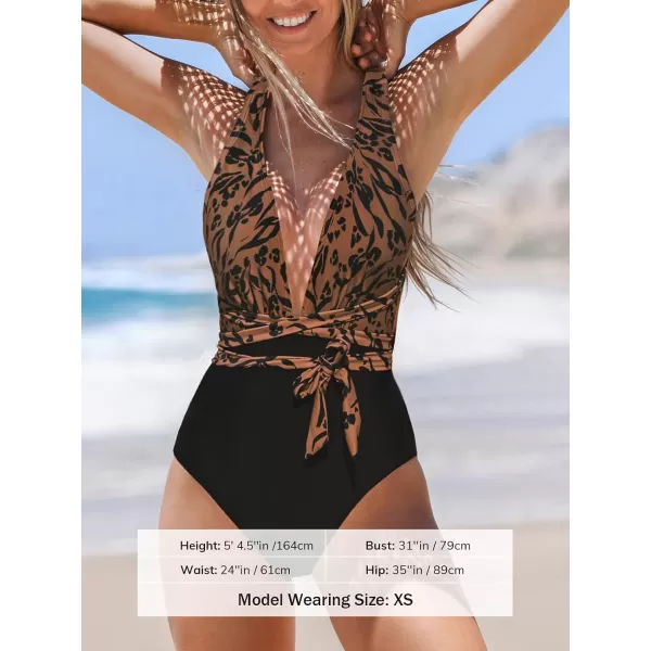 imageCUPSHE Womens One Piece Swimsuit Sexy Deep V Neck Bathing Suit Crisscross Back Self TieBrown