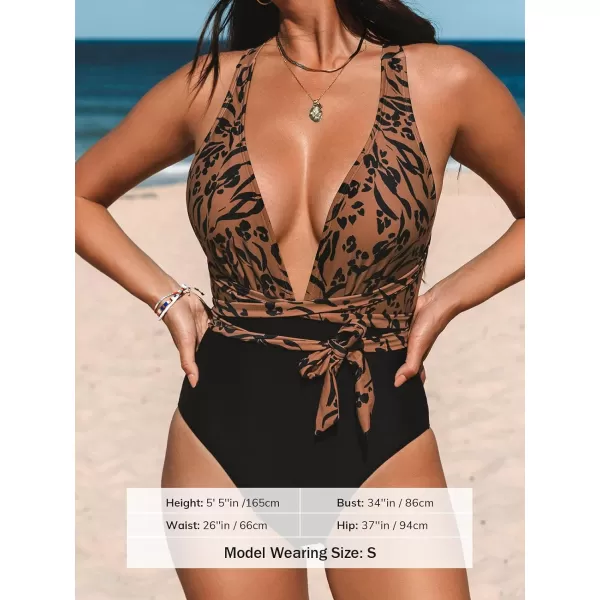 imageCUPSHE Womens One Piece Swimsuit Sexy Deep V Neck Bathing Suit Crisscross Back Self TieBrown