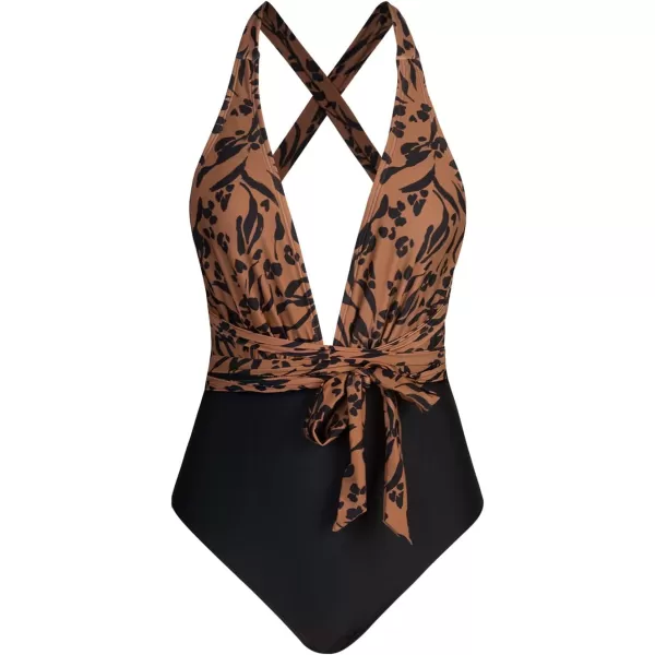 imageCUPSHE Womens One Piece Swimsuit Sexy Deep V Neck Bathing Suit Crisscross Back Self TieBrown