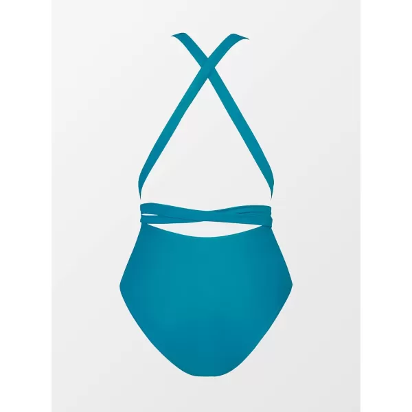 imageCUPSHE Womens One Piece Swimsuit Sexy Deep V Neck Bathing Suit Crisscross Back Self TieCerulean Blue