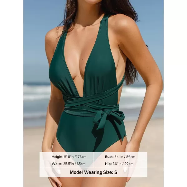 imageCUPSHE Womens One Piece Swimsuit Sexy Deep V Neck Bathing Suit Crisscross Back Self TieDark Green