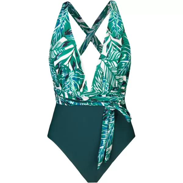 imageCUPSHE Womens One Piece Swimsuit Sexy Deep V Neck Bathing Suit Crisscross Back Self TieGreen Leaf