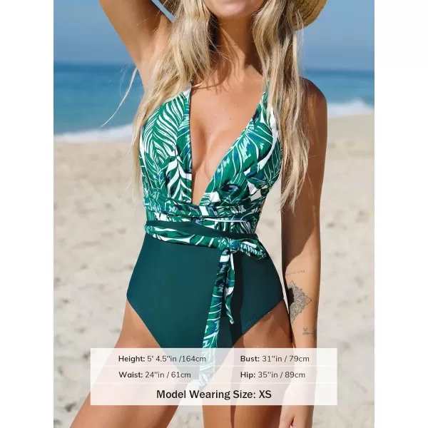 imageCUPSHE Womens One Piece Swimsuit Sexy Deep V Neck Bathing Suit Crisscross Back Self TieGreen Leaf