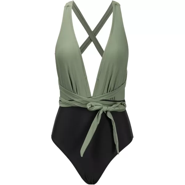 imageCUPSHE Womens One Piece Swimsuit Sexy Deep V Neck Bathing Suit Crisscross Back Self TieGreenBlack