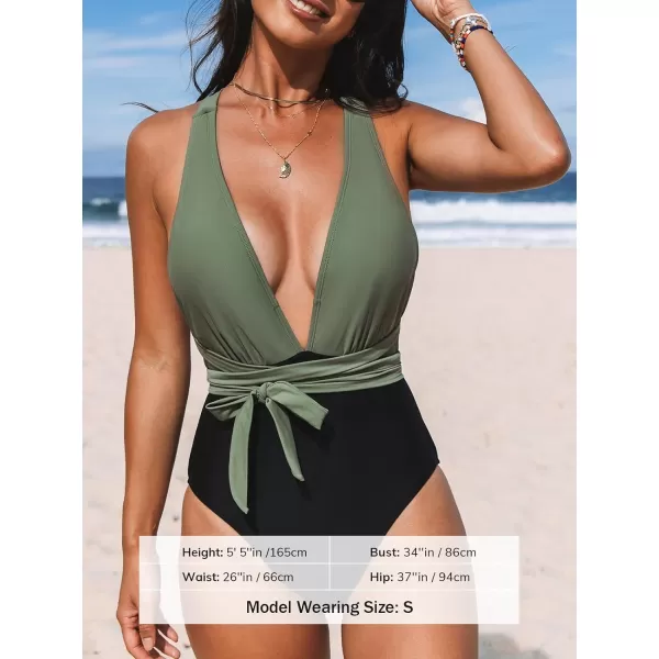 imageCUPSHE Womens One Piece Swimsuit Sexy Deep V Neck Bathing Suit Crisscross Back Self TieGreenBlack