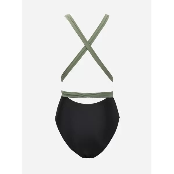 imageCUPSHE Womens One Piece Swimsuit Sexy Deep V Neck Bathing Suit Crisscross Back Self TieGreenBlack