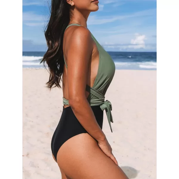 imageCUPSHE Womens One Piece Swimsuit Sexy Deep V Neck Bathing Suit Crisscross Back Self TieGreenBlack