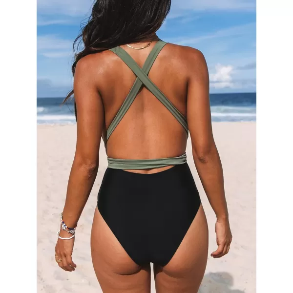 imageCUPSHE Womens One Piece Swimsuit Sexy Deep V Neck Bathing Suit Crisscross Back Self TieGreenBlack