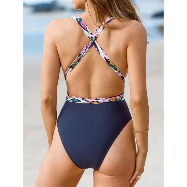 imageCUPSHE Womens One Piece Swimsuit Sexy Deep V Neck Bathing Suit Crisscross Back Self TieNavy BluePink Floral