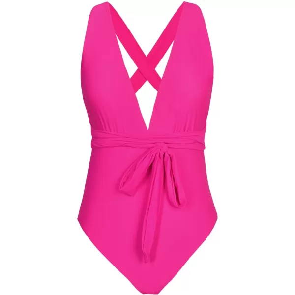 imageCUPSHE Womens One Piece Swimsuit Sexy Deep V Neck Bathing Suit Crisscross Back Self TieNeon Pink