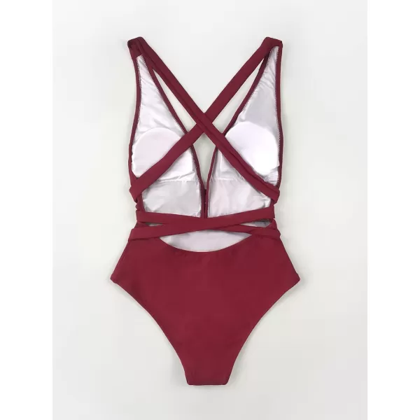 imageCUPSHE Womens One Piece Swimsuit Sexy Deep V Neck Bathing Suit Crisscross Back Self TieRed