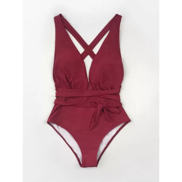 imageCUPSHE Womens One Piece Swimsuit Sexy Deep V Neck Bathing Suit Crisscross Back Self TieRed