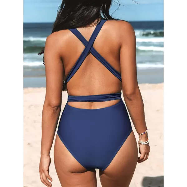 imageCUPSHE Womens One Piece Swimsuit Sexy Deep V Neck Bathing Suit Crisscross Back Self TieRoyal Blue