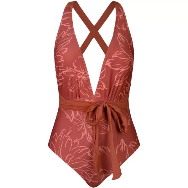 imageCUPSHE Womens One Piece Swimsuit Sexy Deep V Neck Bathing Suit Crisscross Back Self TieRuby Red Floral