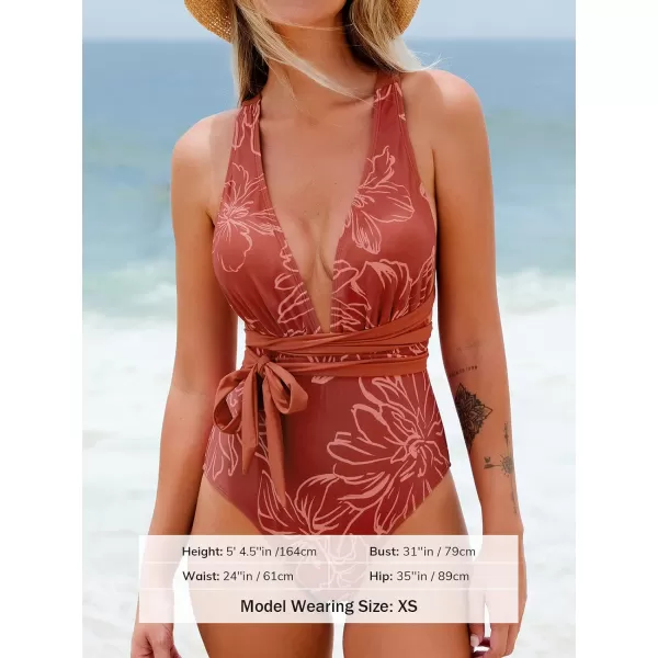 imageCUPSHE Womens One Piece Swimsuit Sexy Deep V Neck Bathing Suit Crisscross Back Self TieRuby Red Floral