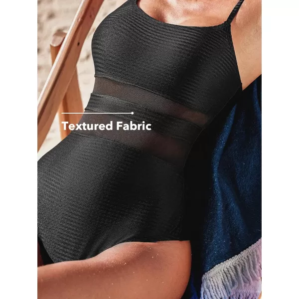 imageCUPSHE Womens One Piece Swimsuit Square Neck Bathing Suit Mesh Spaghetti Adjustable StrapsBlack