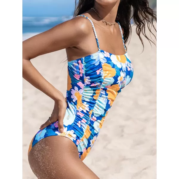 imageCUPSHE Womens One Piece Swimsuit Square Neck Ruched Bathing Suit Adjustable StrapsAzure BlueFloral