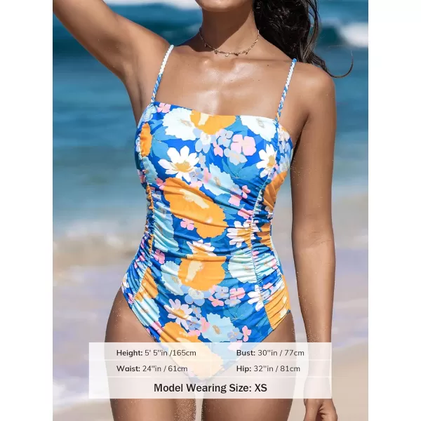 imageCUPSHE Womens One Piece Swimsuit Square Neck Ruched Bathing Suit Adjustable StrapsAzure BlueFloral