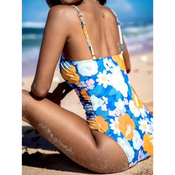 imageCUPSHE Womens One Piece Swimsuit Square Neck Ruched Bathing Suit Adjustable StrapsAzure BlueFloral
