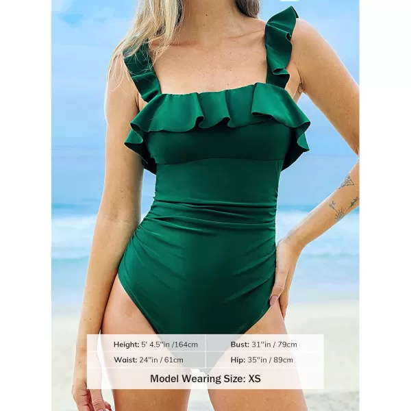 imageCUPSHE Womens One Piece Swimsuit Square Neck Ruffle Wide Straps Ruched Bathing SuitJade Green