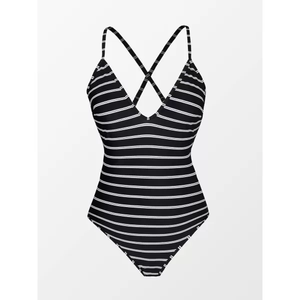 imageCUPSHE Womens One Piece Swimsuit Striped Scoop Neck Cross Back Beach Swimwear Bathing SuitsBlack Horizontal Stripes