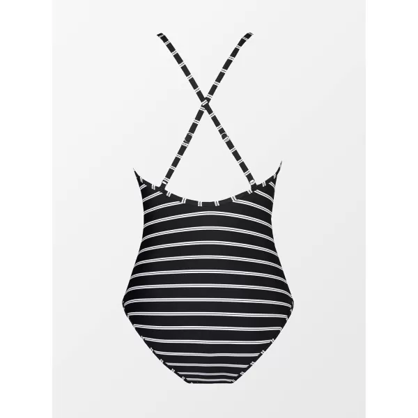imageCUPSHE Womens One Piece Swimsuit Striped Scoop Neck Cross Back Beach Swimwear Bathing SuitsBlack Horizontal Stripes