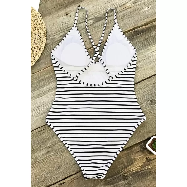 imageCUPSHE Womens One Piece Swimsuit Striped Scoop Neck Cross Back Beach Swimwear Bathing SuitsBlackWhite