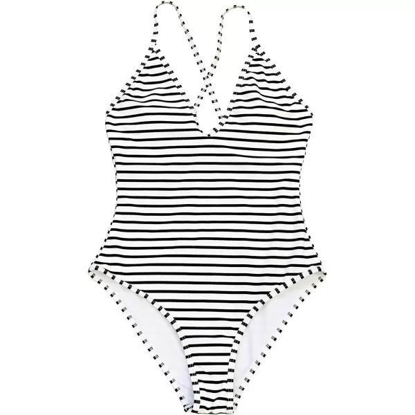 imageCUPSHE Womens One Piece Swimsuit Striped Scoop Neck Cross Back Beach Swimwear Bathing SuitsBlackWhite