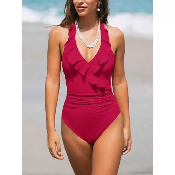 imageCUPSHE Womens One Piece Swimsuit Tummy Comtrol Bathing Suit Halter Ruffled Ruched Slimming SwimwearAvailable in PlusRed
