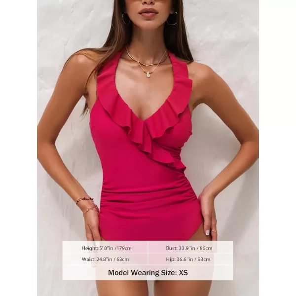 imageCUPSHE Womens One Piece Swimsuit Tummy Comtrol Bathing Suit Halter Ruffled Ruched Slimming SwimwearAvailable in PlusRed