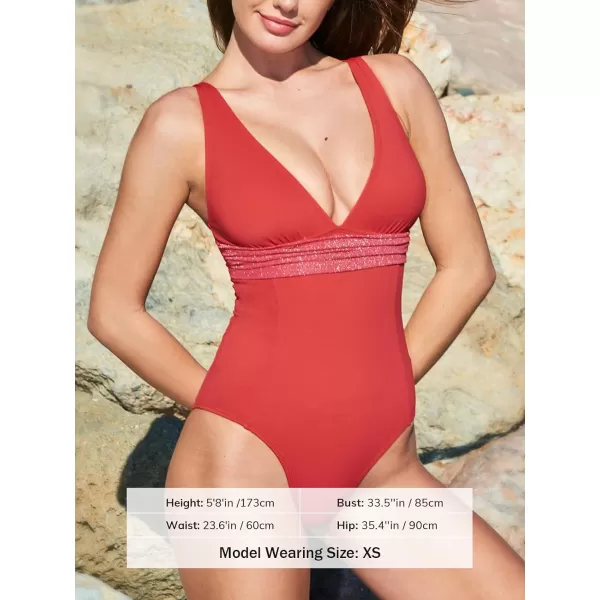 imageCUPSHE Womens One Piece Swimsuit Tummy Control Back Lace Up Deep V Neck Shinning Cheeky Bathing SuitSolid Red
