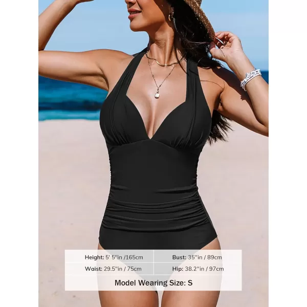 imageCUPSHE Womens One Piece Swimsuit Tummy Control Bathing Suit Halter Deep V Neck Sculpting Ruching Adjustable StrapsBlack