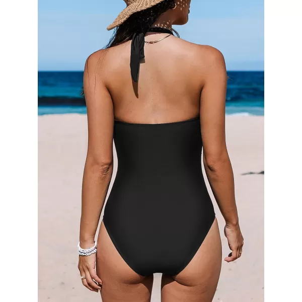 imageCUPSHE Womens One Piece Swimsuit Tummy Control Bathing Suit Halter Deep V Neck Sculpting Ruching Adjustable StrapsBlack
