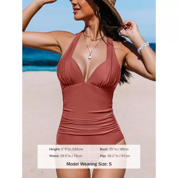 imageCUPSHE Womens One Piece Swimsuit Tummy Control Bathing Suit Halter Deep V Neck Sculpting Ruching Adjustable StrapsBrick Red