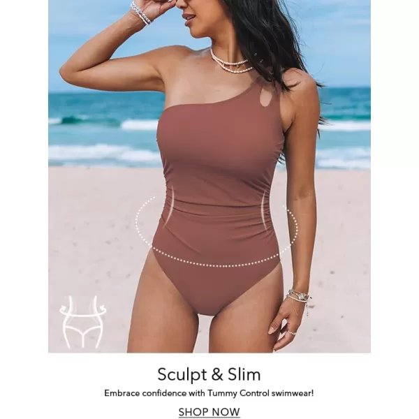 imageCUPSHE Womens One Piece Swimsuit Tummy Control Bathing Suit One Shoulder Cutout Slimming SwimwearBrownish