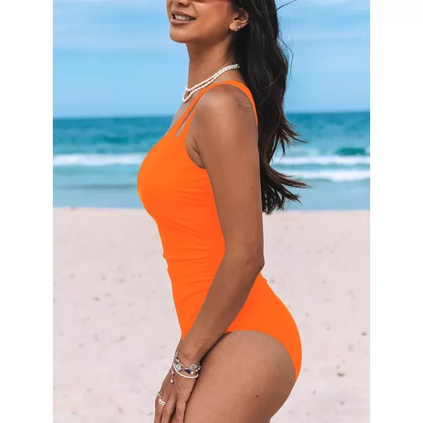 imageCUPSHE Womens One Piece Swimsuit Tummy Control Bathing Suit One Shoulder Cutout Slimming SwimwearNeon Orange