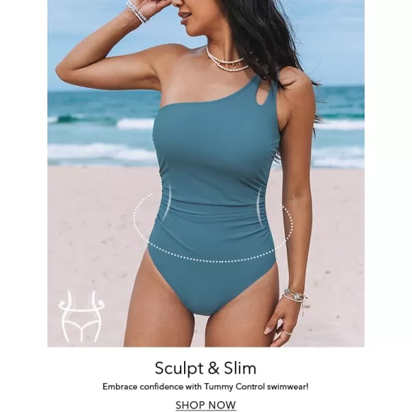 imageCUPSHE Womens One Piece Swimsuit Tummy Control Bathing Suit One Shoulder Cutout Slimming SwimwearSteel Blue