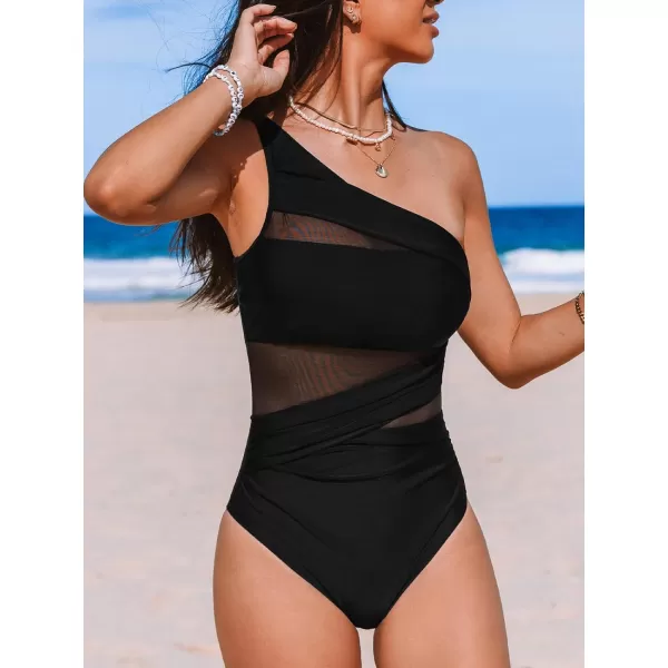 imageCUPSHE Womens One Piece Swimsuit Tummy Control Bathing Suit Ruched Asymmetric Neck One Shoulder Strap MeshSolid Black