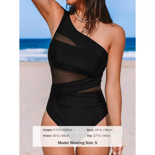 imageCUPSHE Womens One Piece Swimsuit Tummy Control Bathing Suit Ruched Asymmetric Neck One Shoulder Strap MeshSolid Black