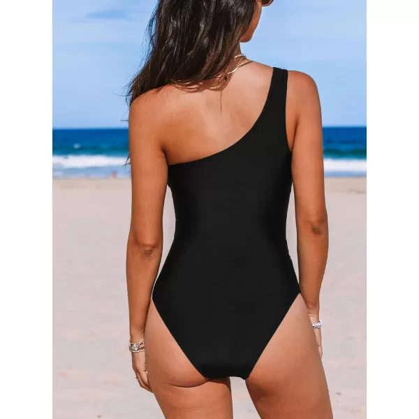imageCUPSHE Womens One Piece Swimsuit Tummy Control Bathing Suit Ruched Asymmetric Neck One Shoulder Strap MeshSolid Black